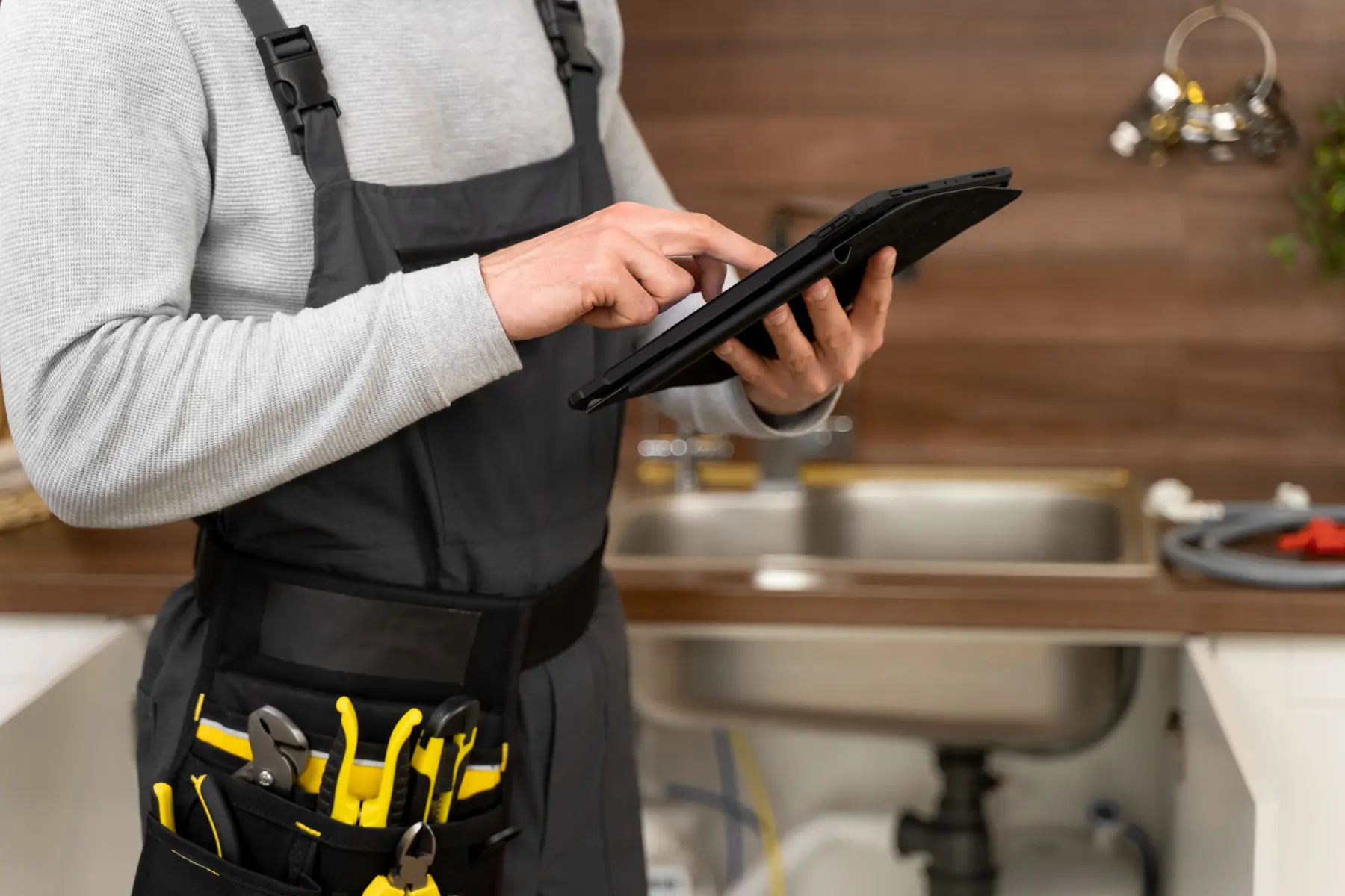 Maintenance professional using a tablet while working at a property
